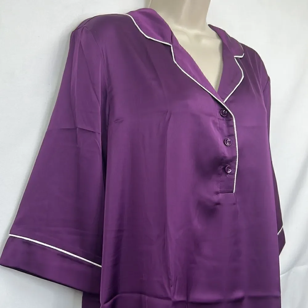 EKouaer Purple with white piping satin night shirt gown NWT size small